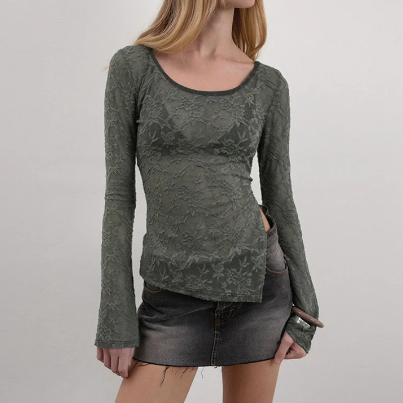 

Sexy Hot Girl Pure Desire Style Semi-transparent Lace Long-sleeved T-shirt Casual Simple Basic Versatile Base Top Girl