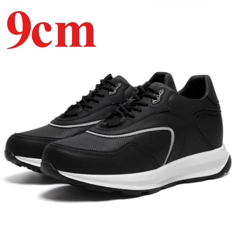 Invisible 9cm Height Increasing Shoes for Men's Breathable Thick Soles Sports Board Shoe Genuine Leather Outdoor Casual Sneakers