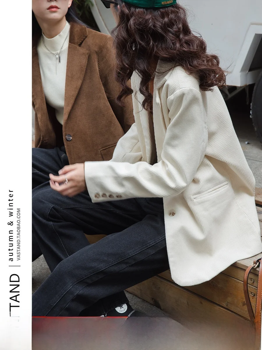 

Vastand Белый вельветовый женский костюм Jaet, повседневный костюм для поездок на работу, зимняя мода, корейский свободный крой, длинный све, классический воротник