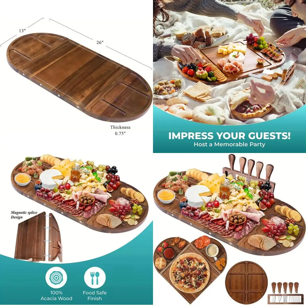 

26 Inch Acacia Wood Charcuterie Board Set with 5 Cheese Knives and 3 Magnetic Sections - Perfect for Weddings, Housewarming, and