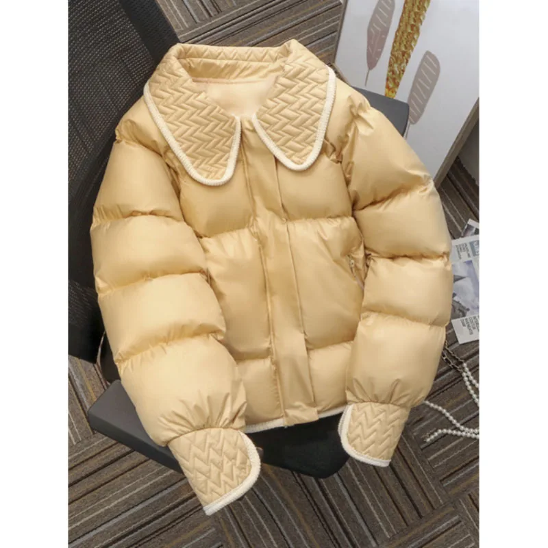 

Doll Collar Cute Sweet Korean Style Short Thick Down Jacket Baggy Zipper Warm Patchwork Cotton-Padded Cotton Padded Coat