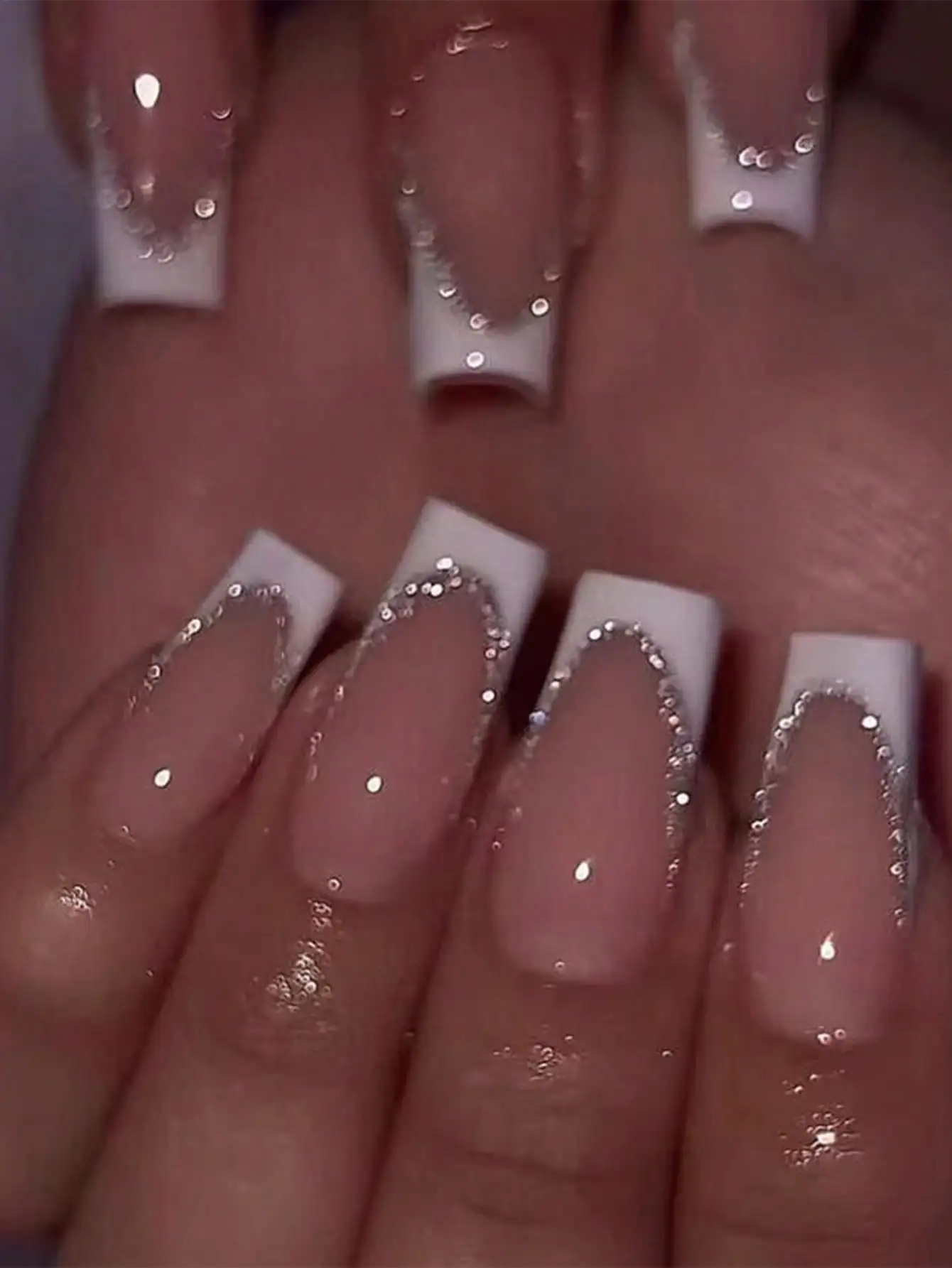 

24pcs White Coffin French Manicure Nail Stickers Rhinestone Decor Reusable Fake Nails With Gel Glue&Nail File ForDaily Party Use