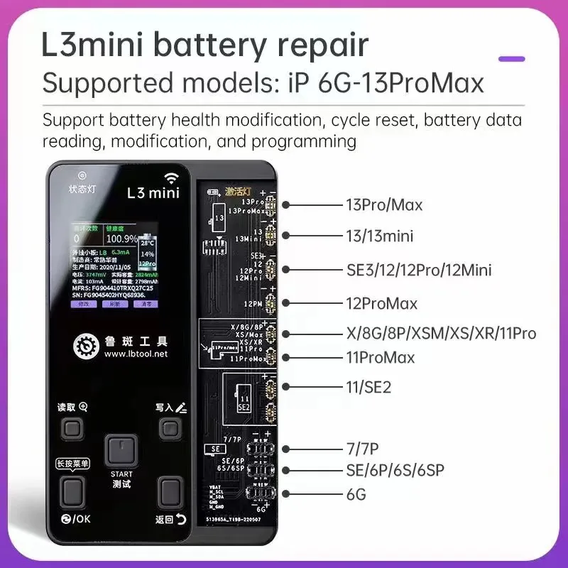 Luban L3-Mini Dot Matrix Battery Recovery Tester for iPhone X-13 Face ID Repair 6-13Pro Max Battery Health Warning Removal Use