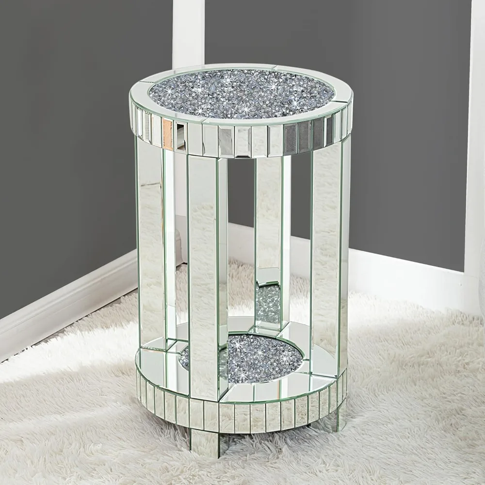 Mirrored End Table Round with Crystals Inlay, 2-Tier Modern Small Sofa Table with Storage, Silver Accent Table for Living Room,