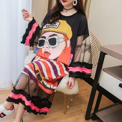 Summer 3D Flowers Cartoon Girls Printed Floral Mesh Spliced T-shirt Long Lantern Sleeves Ruffles Tees Dress Oversized Tops Dress