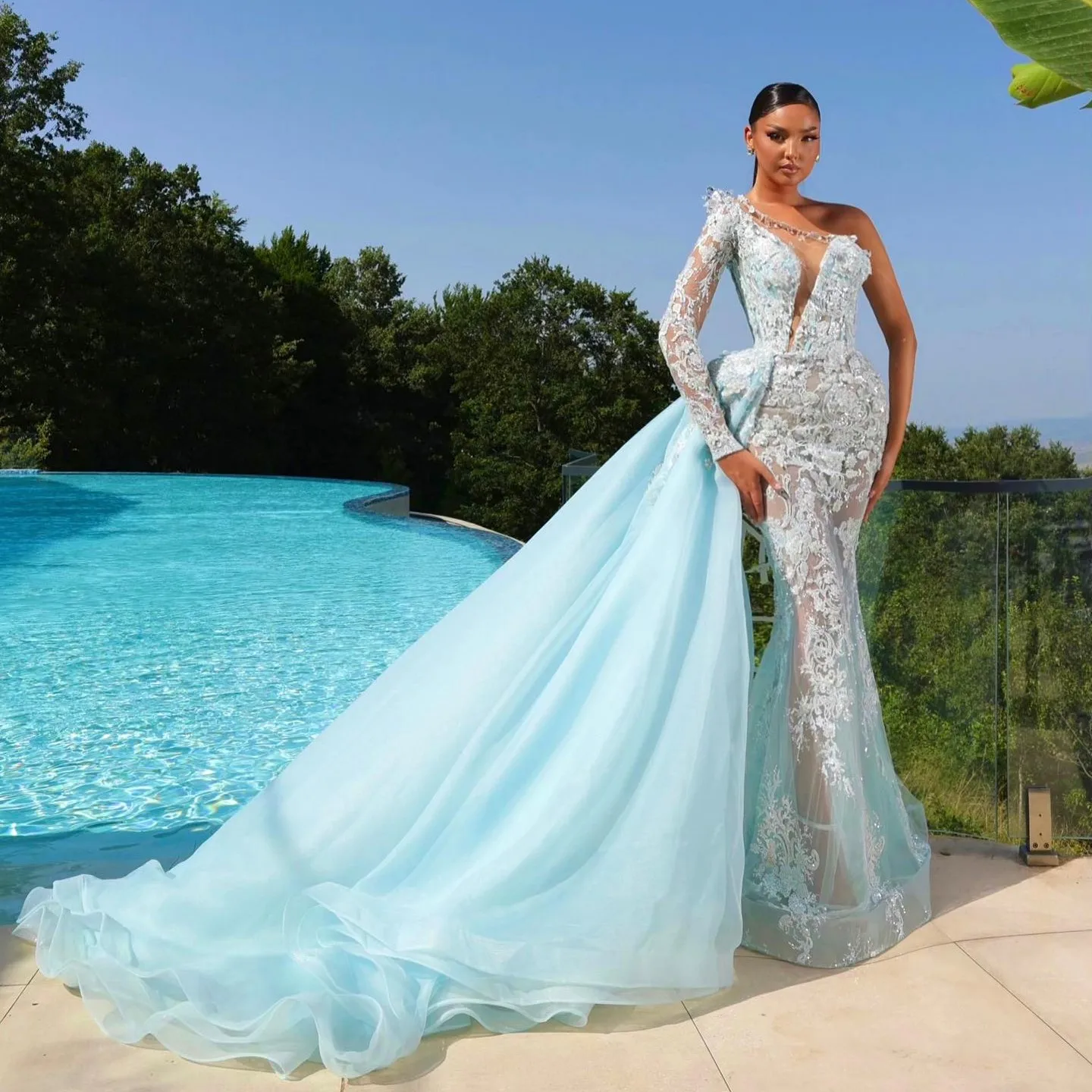 

High End Baby Blue Long Organza Skirts Bridal Event Detachable Train Bridal Side Overlay Long Women Maxi Skirt