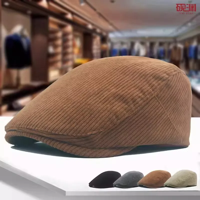 Autumn Corduroy Beret Hat for Men Sun Hats Solid Color Berets Vintage  Caps Flat Ivy Casquette Adjustable Cabbie Hat