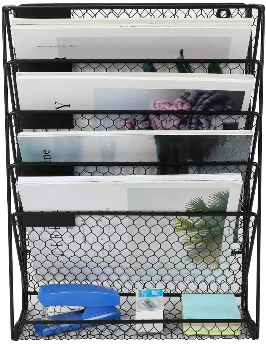 Neue Büro Home Metall Hühner draht Wand halterung 6 Tier schwarz hängenden Akten halter Organizer für Buch Magazin Rack