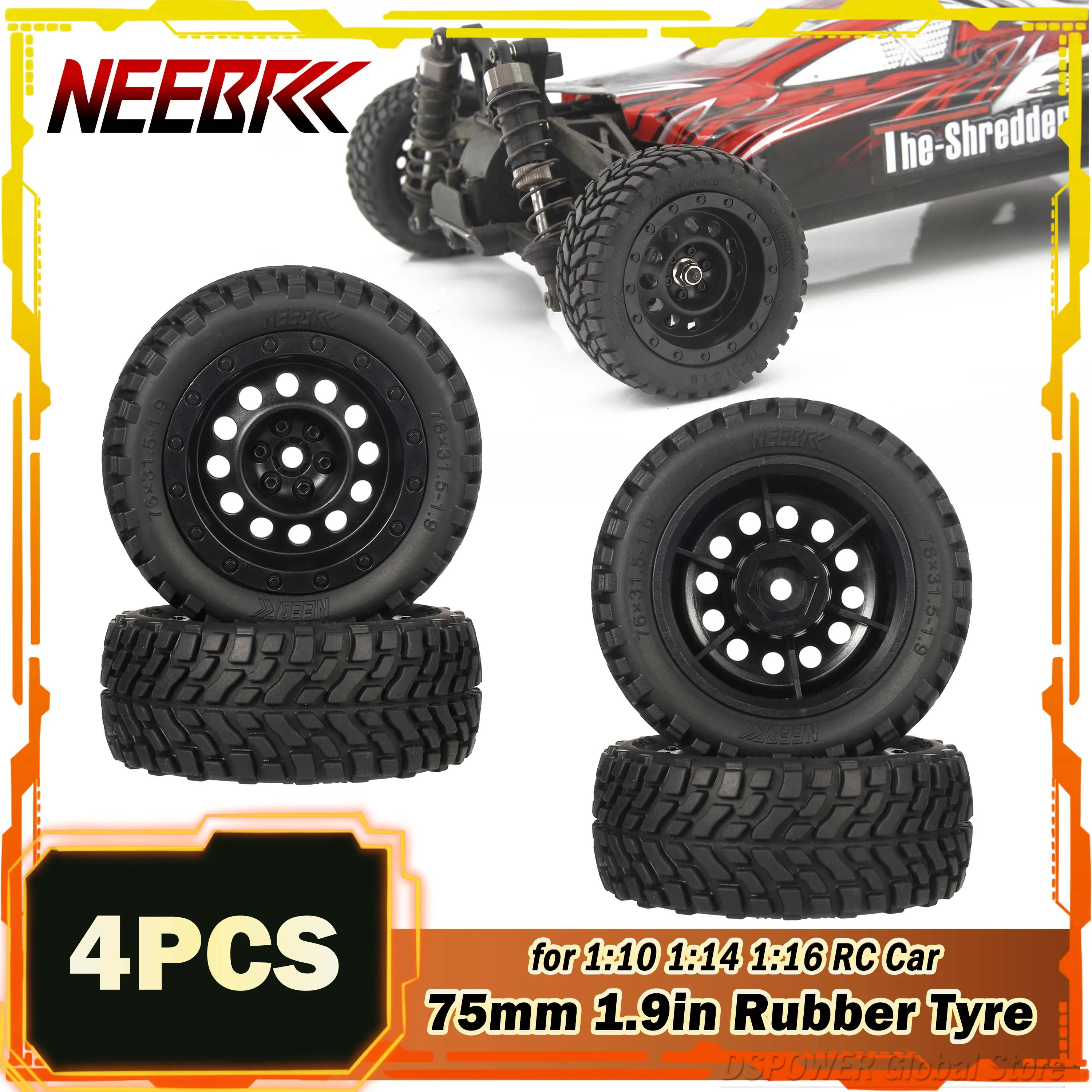 

4PCS 75mm 1.9in Rubber Tyre Car Tire Plastic Wheel Rim Hub for 1/10 1/14 Drift Traxxas TRX-4 HSP HPI Tamiya Kyosho Wltoys 144001