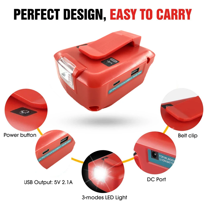 Imagem -02 - Adaptador de Bateria Li-ion para Milwaukee Luz Led 3w Lâmpada de Trabalho Lanterna Usb tipo c Saída dc 12v 18v