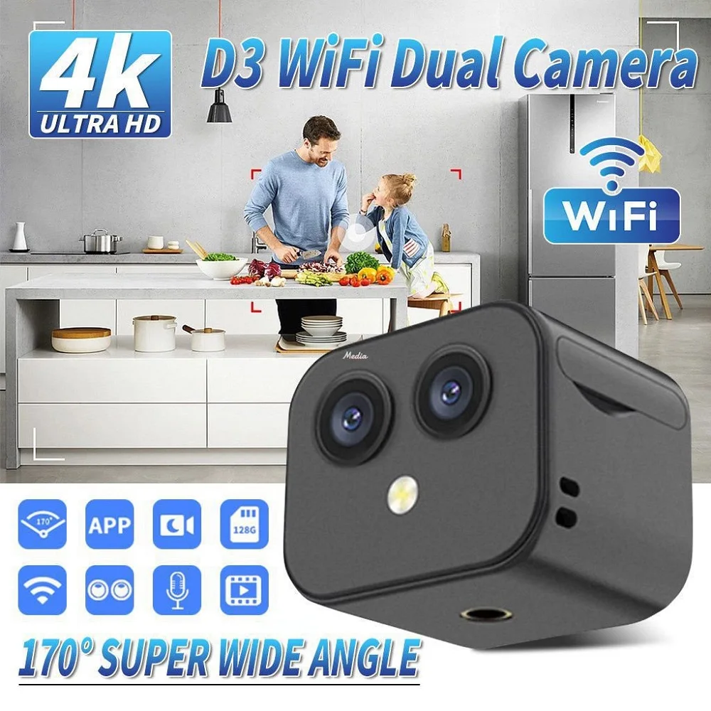 

4K Dual Lens Wifi Camera Home Security Protection Surveillance Camera Wireless Remote Monitor Mini Camcorder Video Recorder