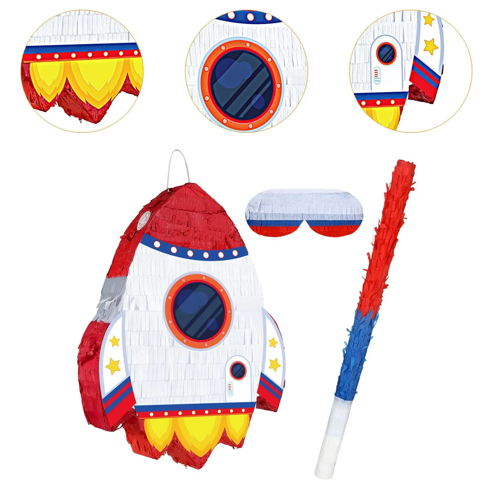 Rockets Pinatas Bundle with Blindfold and Stick Paper PVC Party Game Toy Organizer for Kids Celebration Party Supplies