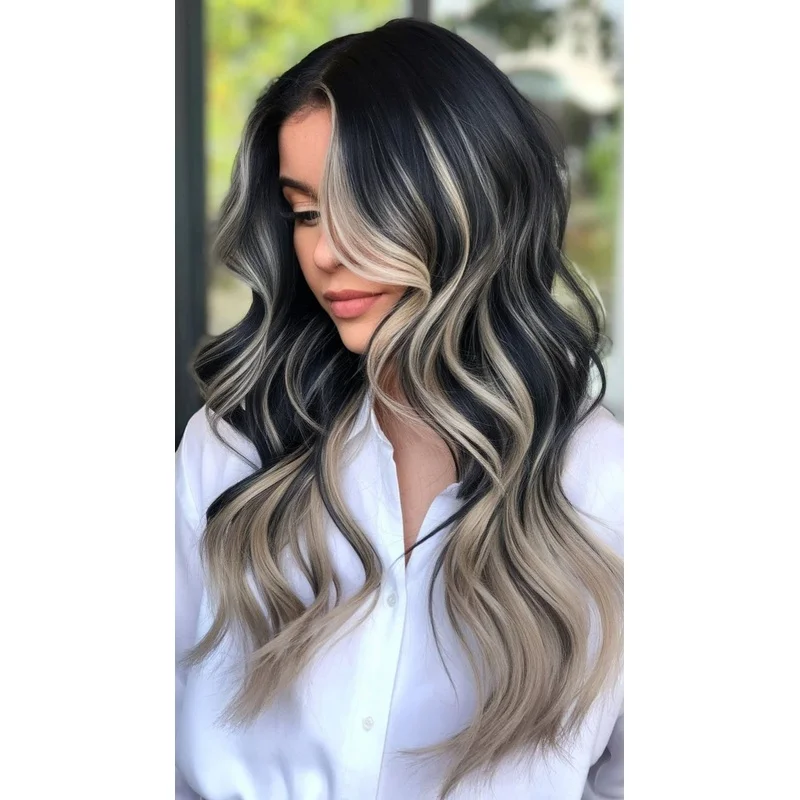 100%  Hair Highlights Black Mixed Blonde Wig Long Wave 13x4 Lace Front Wig