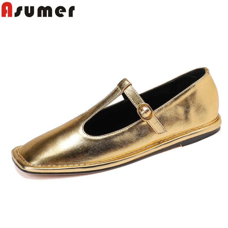 

Женские туфли-мэри-джейн ASUMER из натуральной кожи, 4 цвета, размеры 35-43, с квадратным носком, золотистые, белые, для вечеринок и торжеств