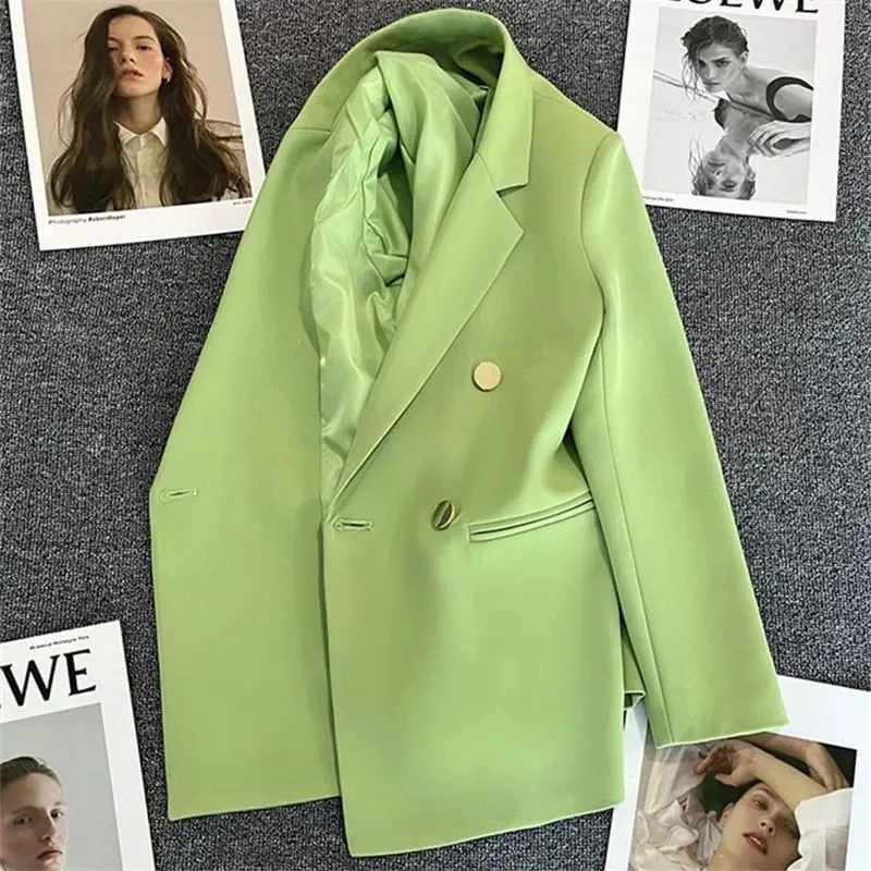 Green Pink Metal Button Suit Coat New British Style Design Feeling Double-Breasted Suit Spring Autumn Blazer Women Outerwear 3XL