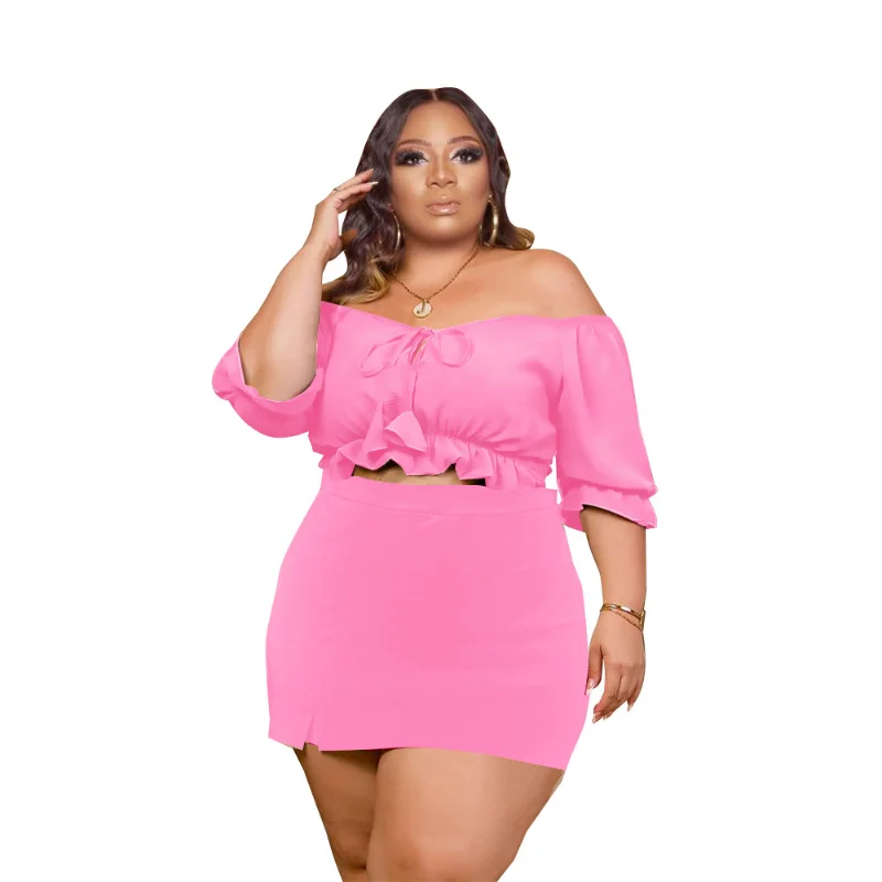 XL-5XL Two Piece Set Women Outfits Summer 2023 Plus Size Clothing Solid Short Sleeve Slash Neck Hollow Sexy Shorts Matching Sets