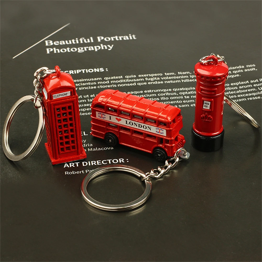 Creative Red London Double-decker Bus Keychain Vintage Phone Booth Key Ring Women Backbag Ornaments Travel Souvenir Gifts