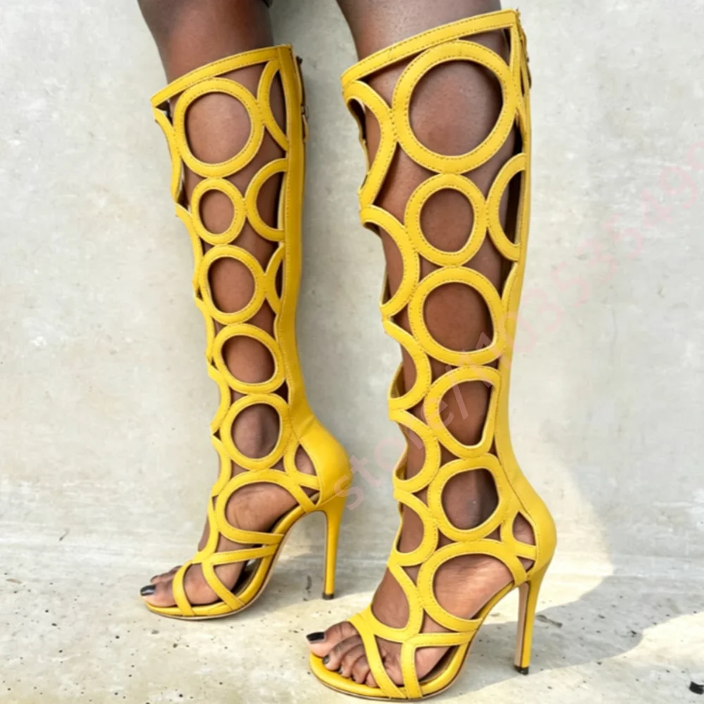 Women Cutout Circle Pattern Knee High Gladiator Sandals 2026 Open Toe Back Zipper Stiletto Hollow‑Out Fashion Party Dress Shoes