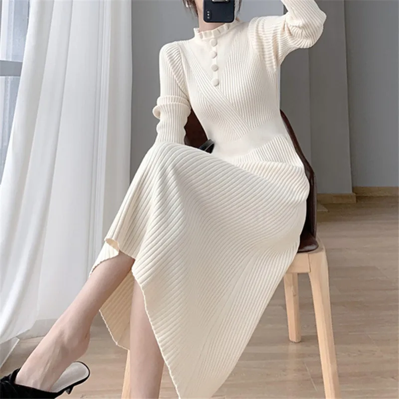 

Women Dresses Knit Long Sleeve Half High Collar Spliced Dress Solid Casual Skinny A Line Vestidos Office Lady Autumn Winter