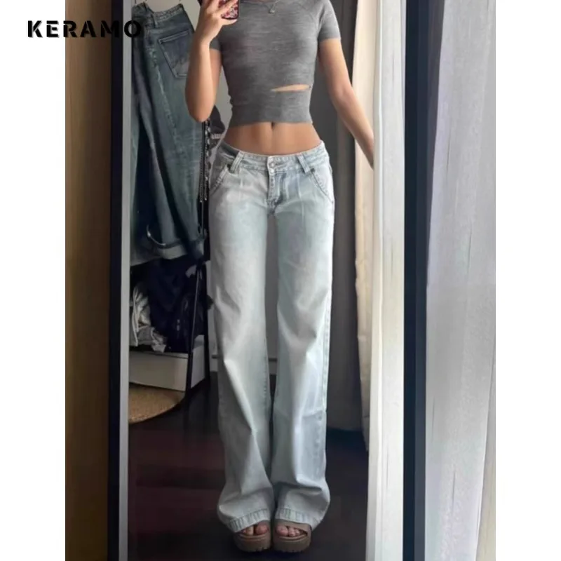 Light Blue Low Waist Jeans Woman Streetwear American Vintage Denim Pants Female Casual Washed Straight Pantalons Mujer Fall 2024