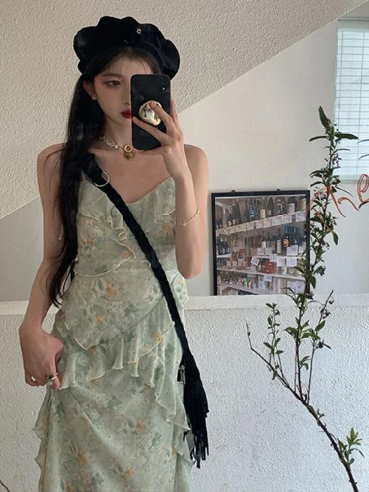 여성용 프릴 페어리코어 미디 드레스, 프렌치 스타일, 빈티지 프린트, 세련된 미적, 불규칙 디자인 공주, 여름