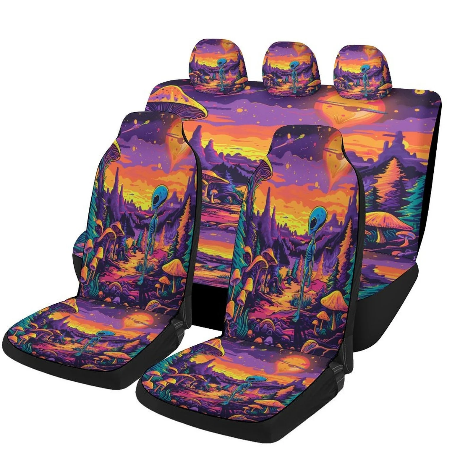 Alien Forest Sunset Themed Car Seat Cover Set | Trendy High-quality Universal Fit Polyester Seat Protector Covers For 2 Front Se