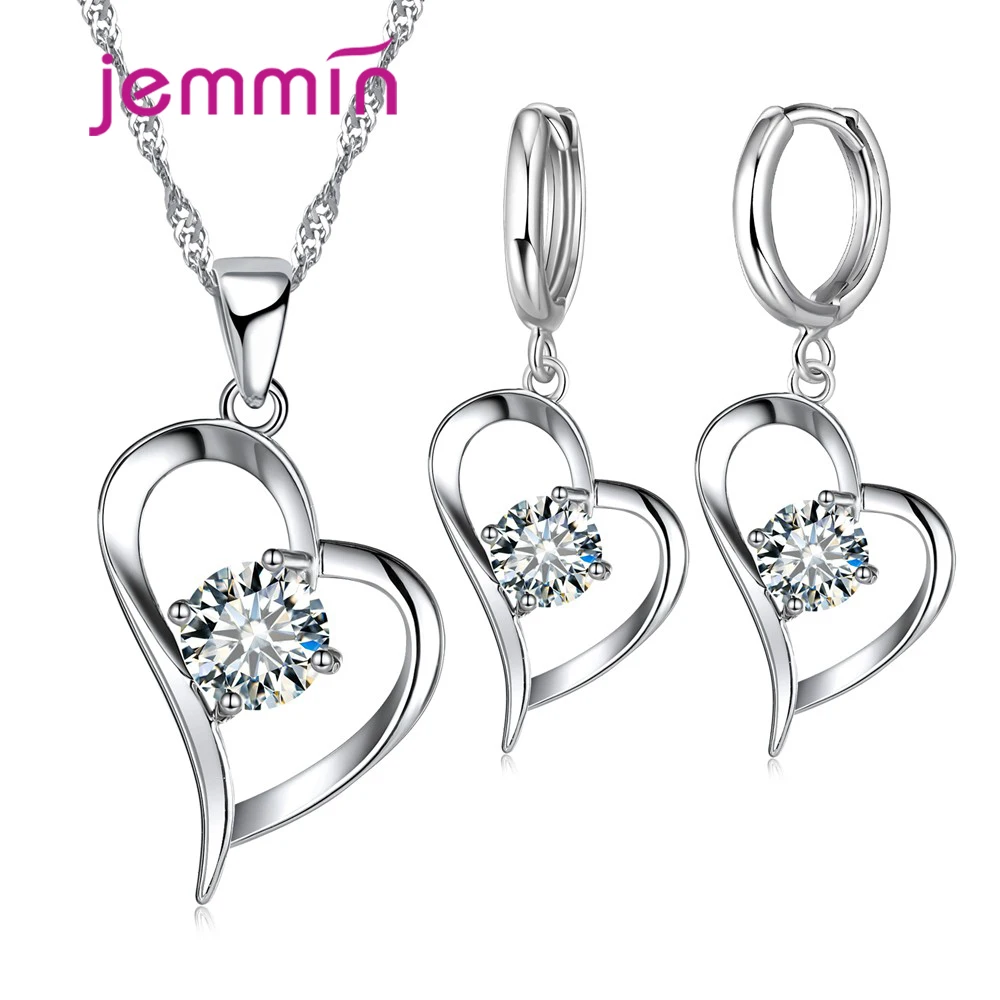 

Sweety Genuine 925 Silver Jewelry Set For Women 1 Pair Of Love Heart Hoop Earrings & 1 White Clear CZ Stone Pendant Necklace