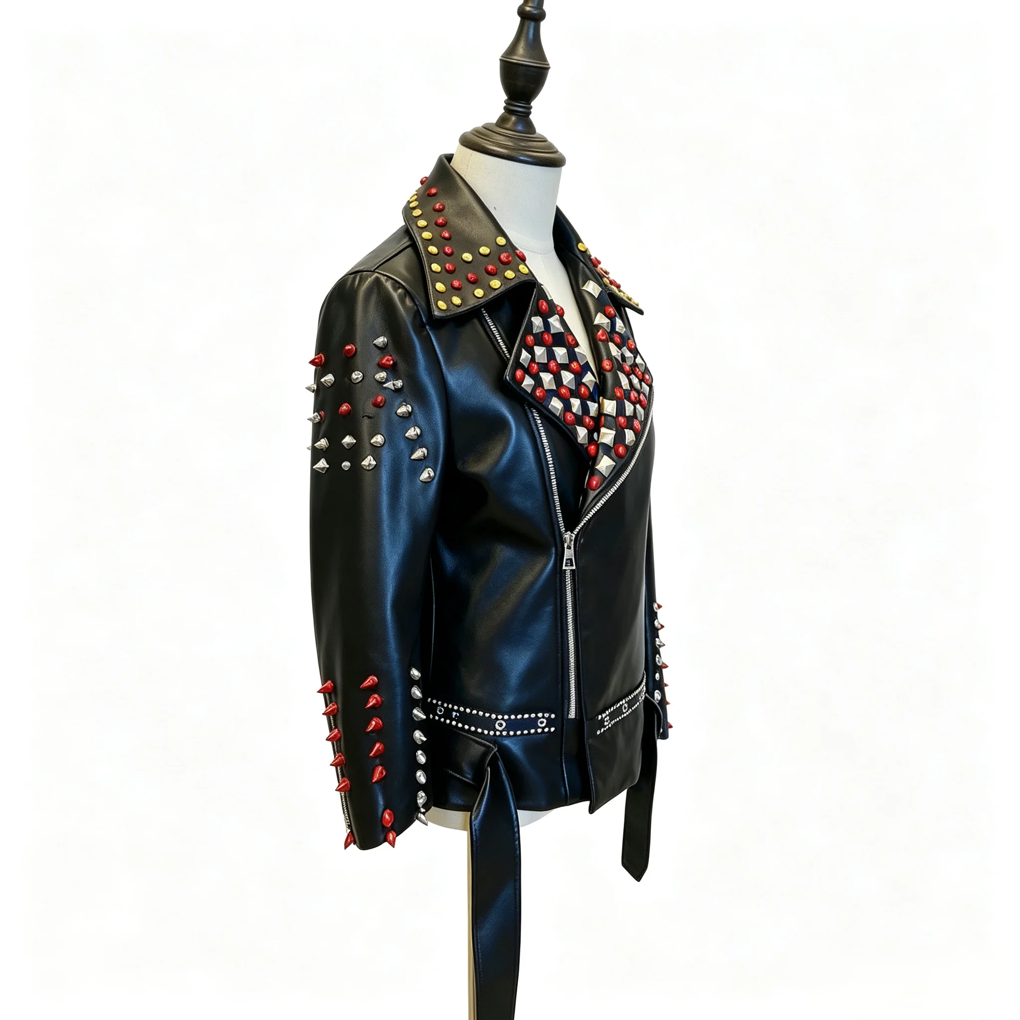Men Punk Rivet Faux Leather Jacket Black Zipper Lapel Motorcycle Coat Colorful Studs Belt Stage Performance Rock Outerwear