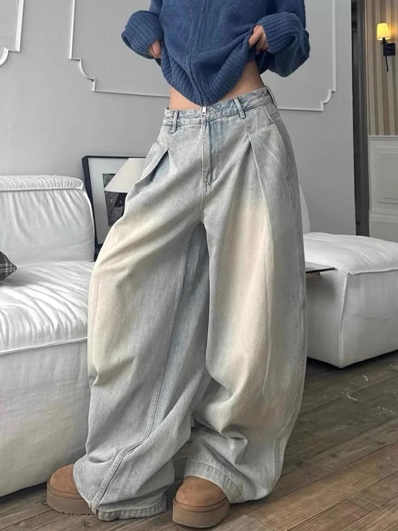 

American High Street Retro Washed Denim Pants Women's Loose Wide Leg Casual Long Trousers High Waist Pure Color Jeans