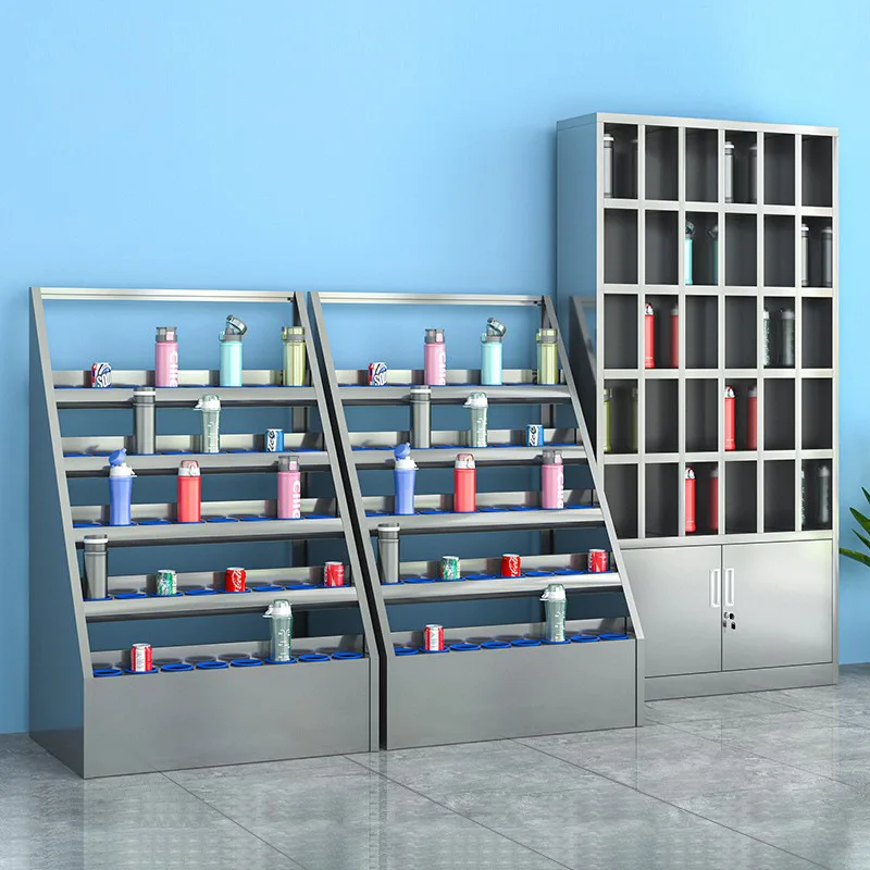 Stainless steel metal multi-grid tea cup cabinet, staff teacup storage cabinet