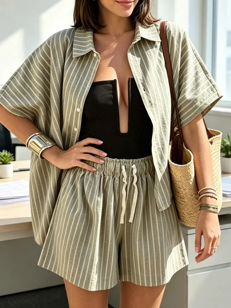 Wishyear Striped Matching Short Set Ladies Shoart Sleeve Collared Top Elastic Drawstring Shorts Summer Resort Street Coffee Date