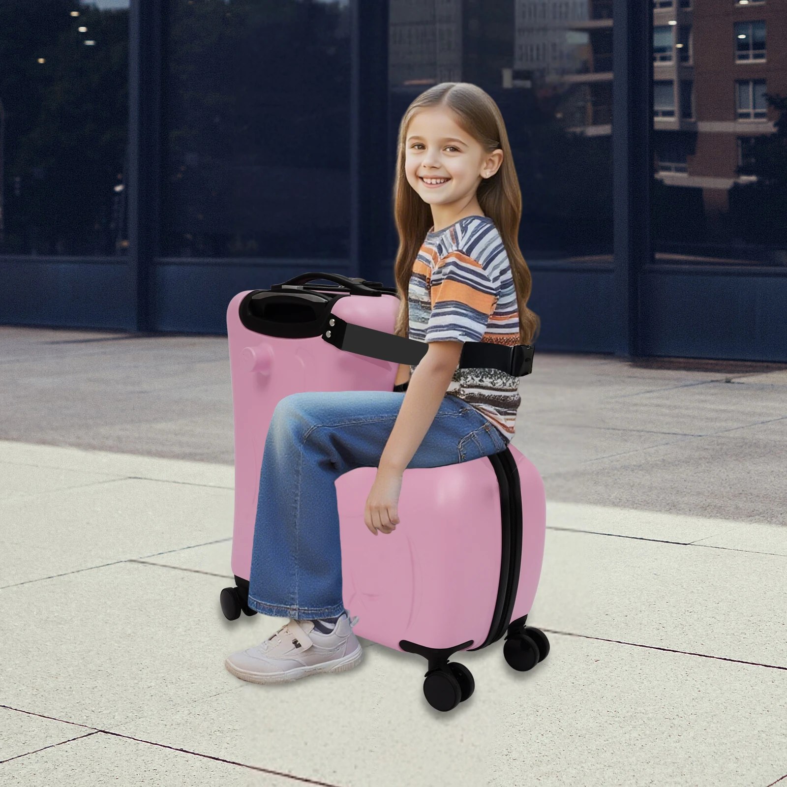 20 inch Pink Matte Children's Trolley Case - Kid Ride-On Portable Suitcase, 4 Universal Wheels