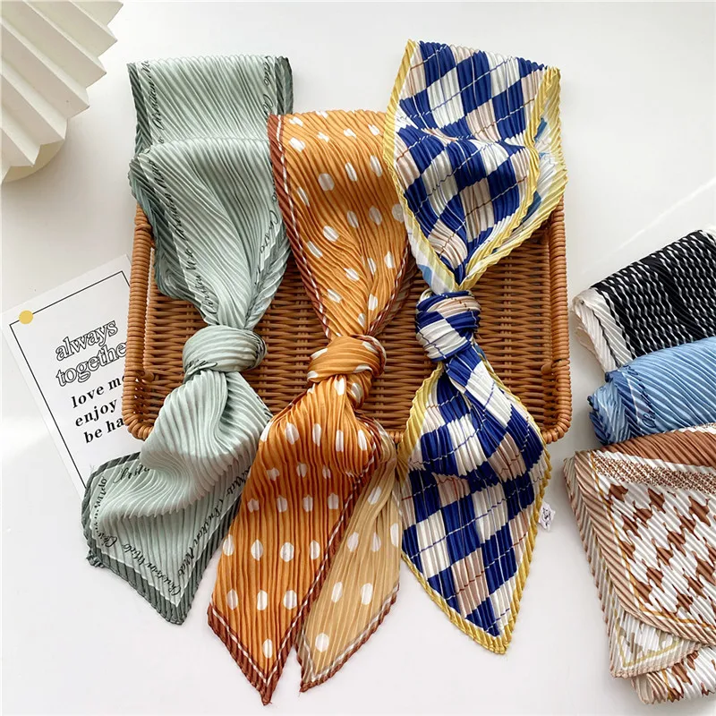 Pleated Ribbon Scarf Solid Print Crumpled Scarf Long Bandelet Headscarf Headband Women Hair Bands Scrunchies Bag Hat Decoration