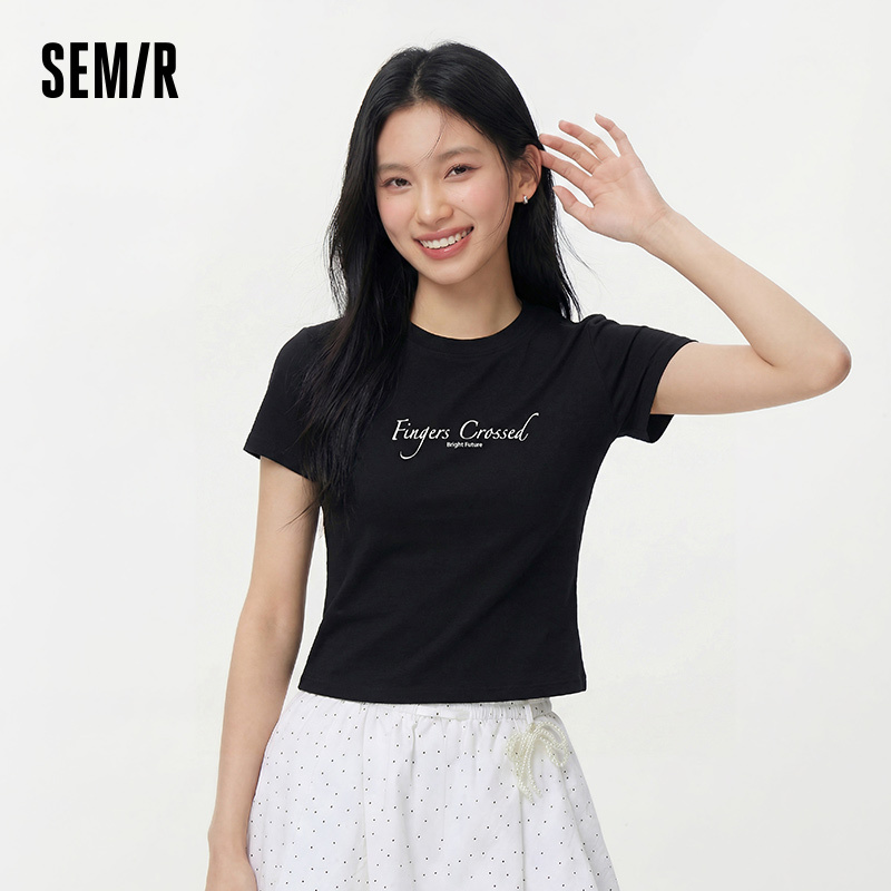  Semir Women Tshirt Slim Standard Shoulder Letter Print Crew Neck 2026 Summer Fashion Casual Style Soft Lightweight Daily Top 