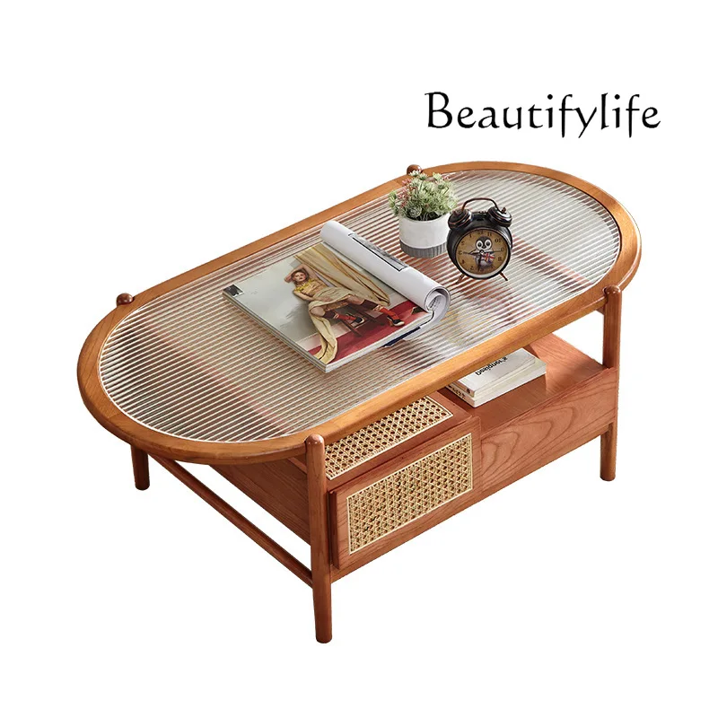 Small apartment medium and ancient style solid wood coffee table with drawers rattan Changhong glass coffee table