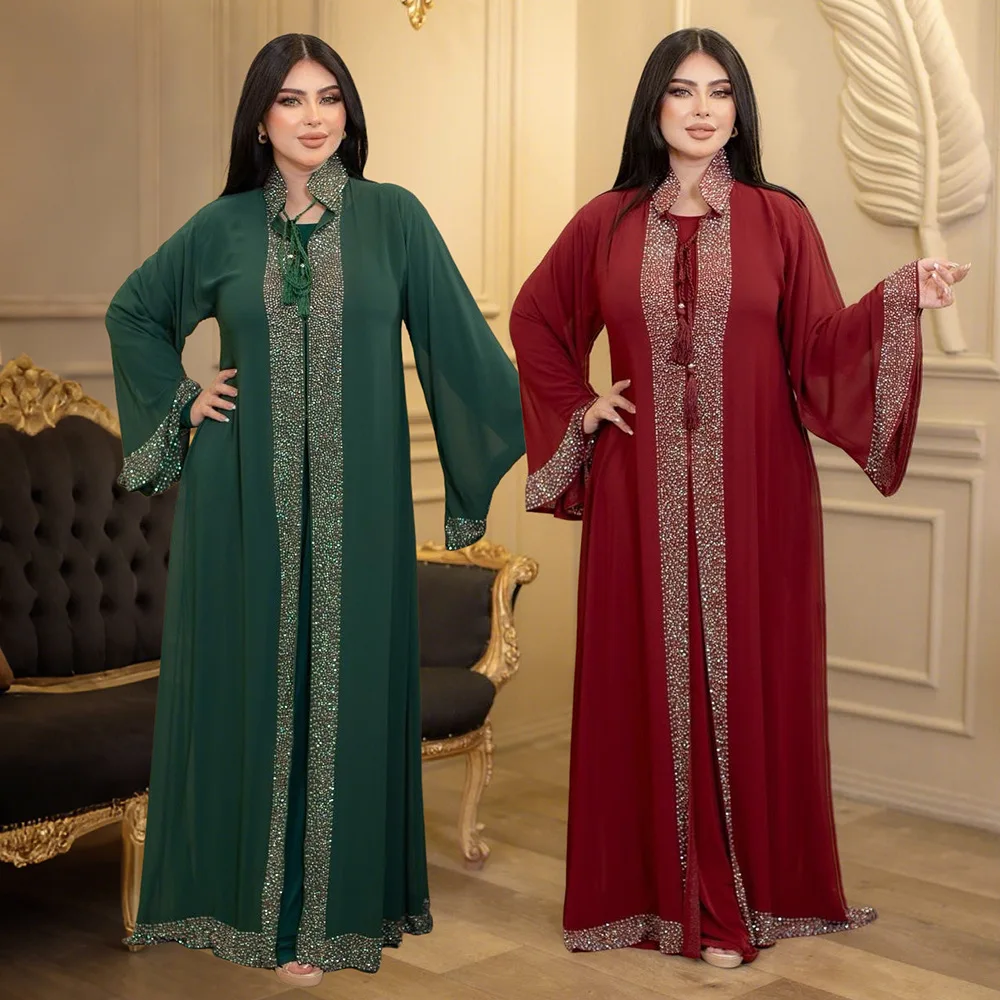 

Дубайское шифоновое кимоно с бриллиантами, абая, внутреннее платье, комплект из 2 предметов для женщин, вечерние платья, кафтан, кафтан, марокаин, женский халат, исламская ткань