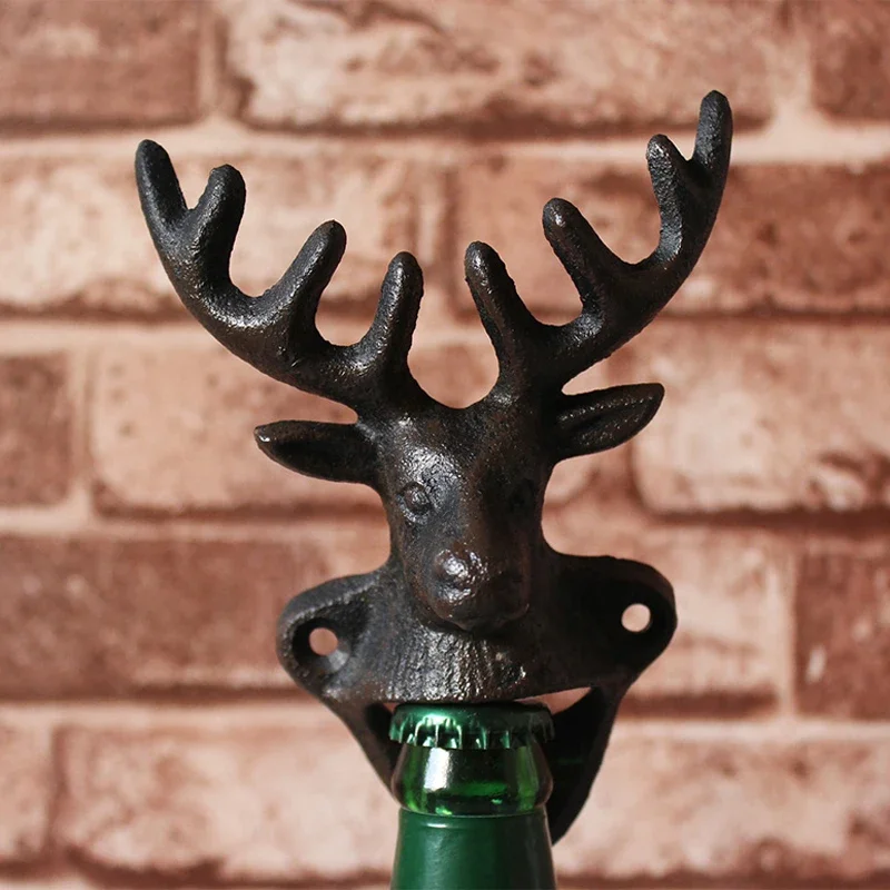 Reindeer Head Cast Iron Beer Bottle Opener Antique Black Animal Figurines Head Wall Mounted Metal Bottle Opener Home Bar Decor