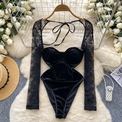 Women Hotsweet Lace Spliced Velvet Vintage Hollow Out Backless Bodysuit Chic Bandage Jumpsuits Slim Top Rompers Autumn Clothing