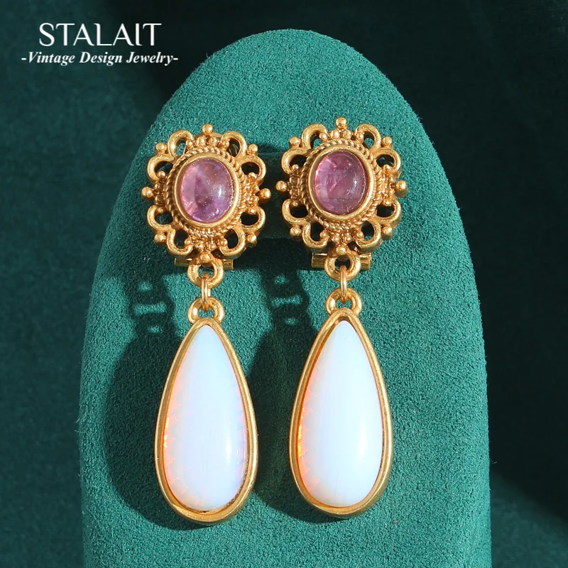 

Vintage Moonstone Long Earrings Luxury For Woman Water Drop Natural Stone Opal Purple Gold Color Jewelry Wedding Accessories