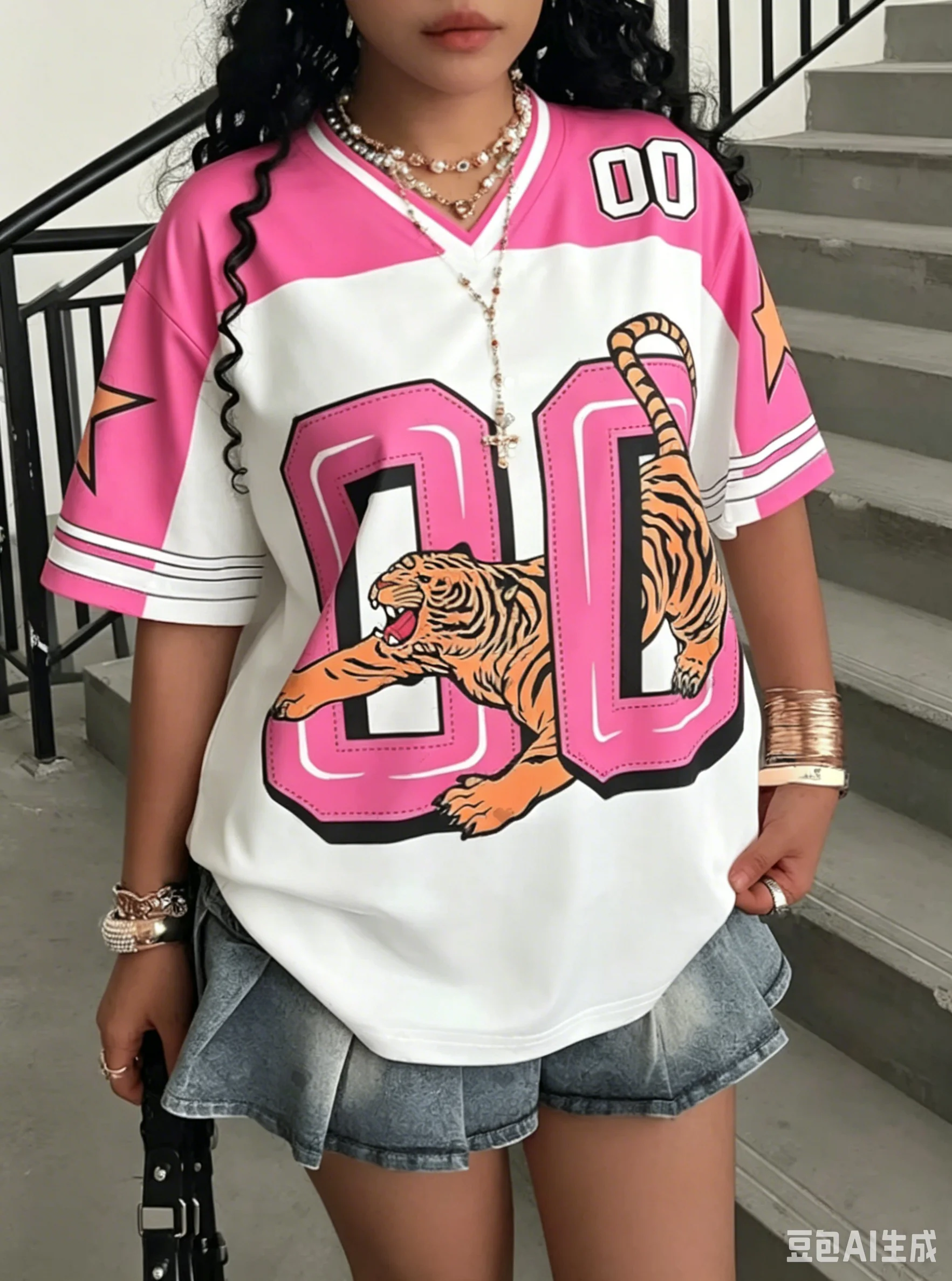 TIGER NUMBER Print V-Neck Short Sleeve T-Shirt Summer Baseball Jerseys Fashion Stripe Loose Ventilate Sport Tops Family Matching