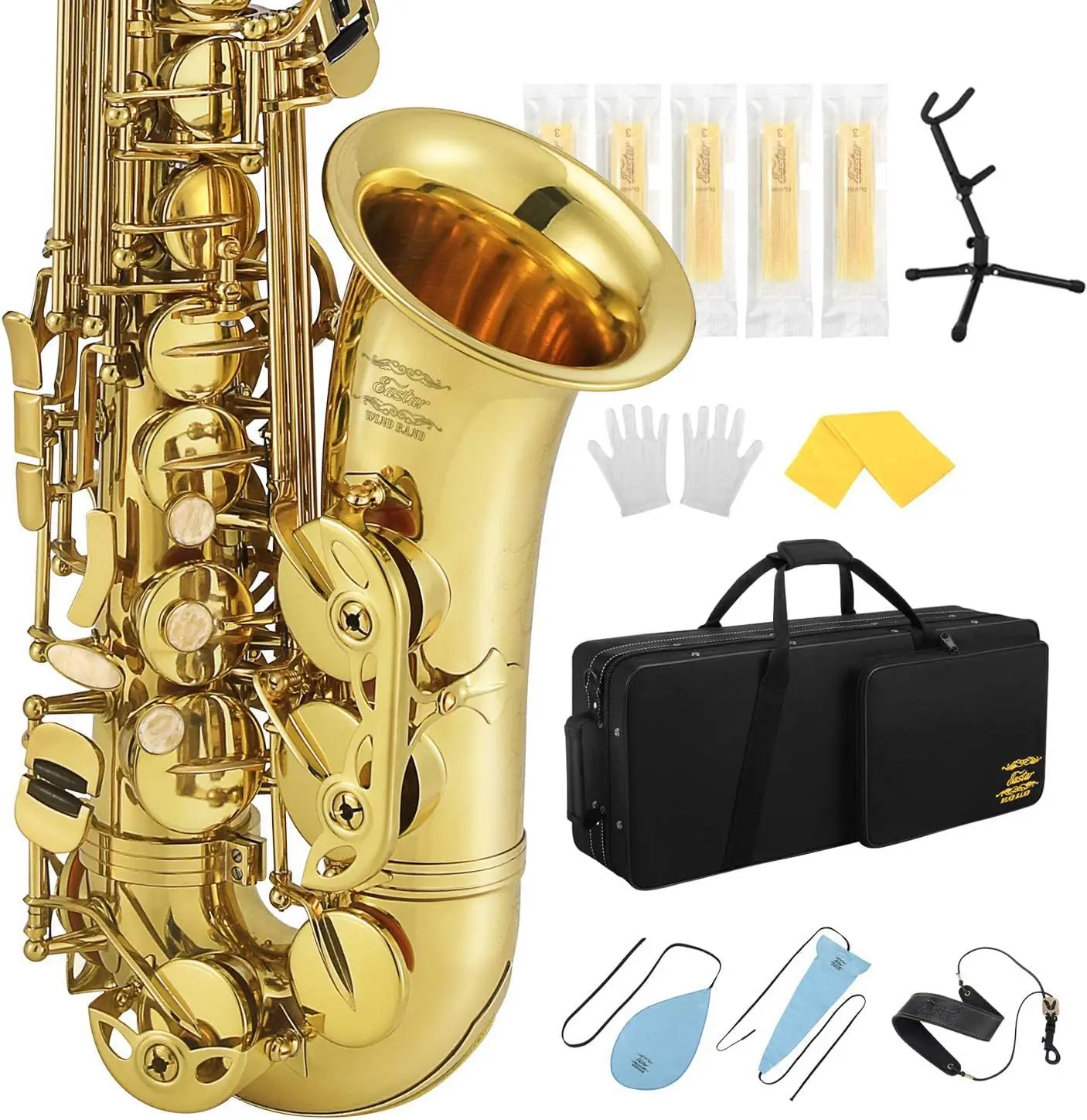 Professional Alto Saxophone E Flat Alto Saxophone Eb Saxophone Gold With Cleaning Cloth, Carrying Case, Mouthpiece, Neck Strap,