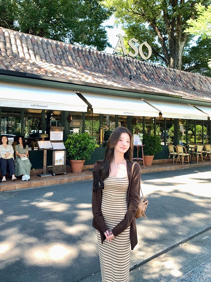 

Ele Striped Knitted Cardigan Top Slim Fit Autumn Winter Wool Blend Casual Sle Women's Faion CloudSweet Byt2509A550