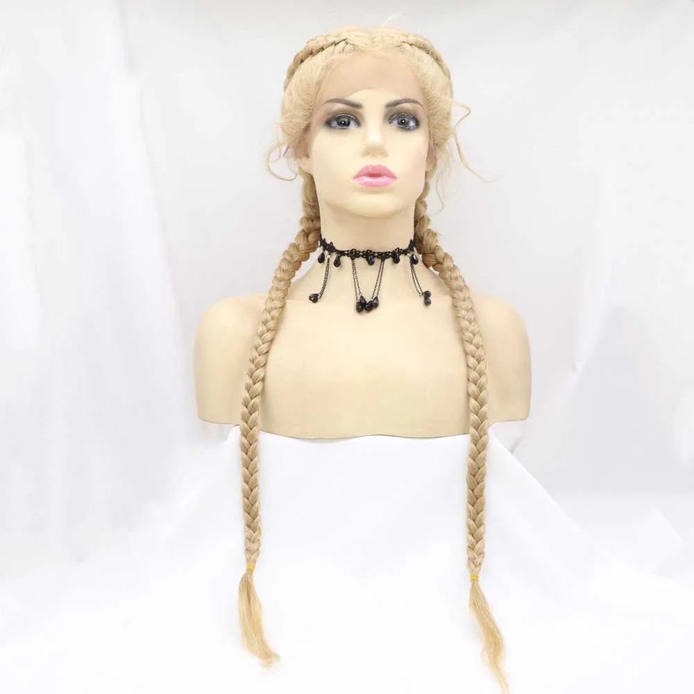 

Sylvia 26"Synthetic Mixed Blonde Lace Front Braid Long 2Double Braid Wigs With Baby Hair Long Braiding Hair Wigs