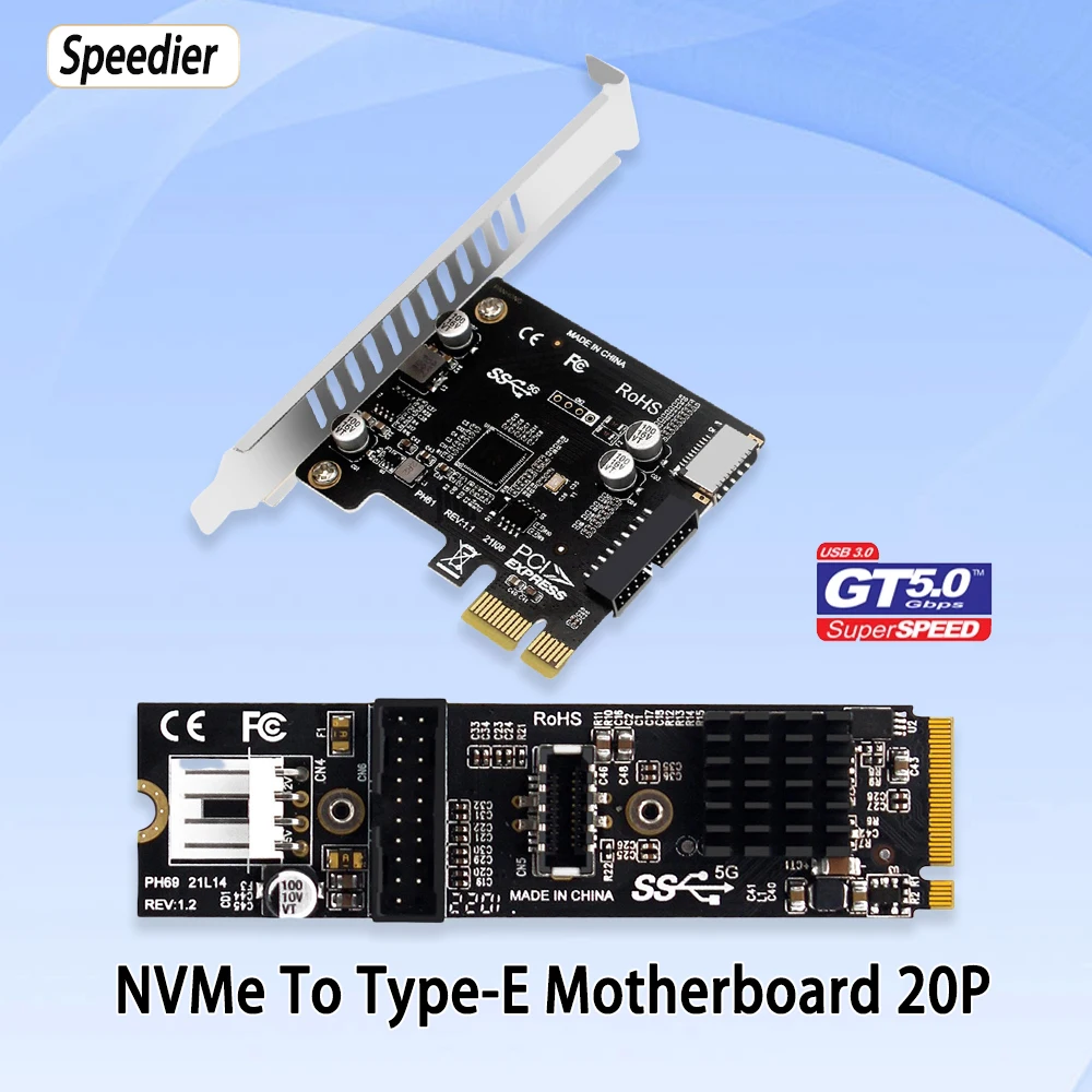 جديد لـ NVME M.2 M-Key PCIe إلى أمامي USB3.1 5Gbps TYPE-E + 20P IDC بطاقة توسيع USB3.0 NGFF بطاقة محول M.2 إلى ثنائي 20pin