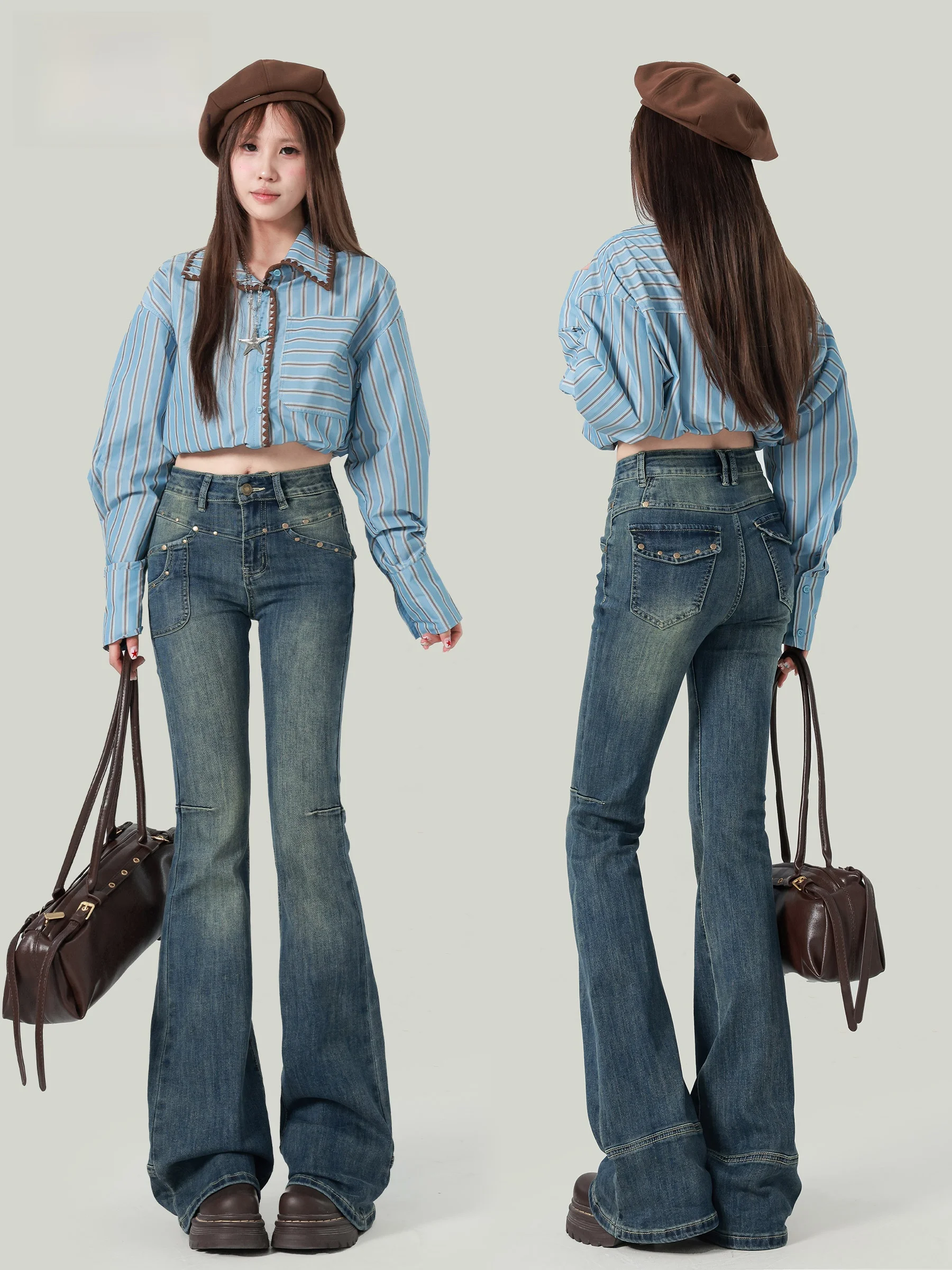 

Американские ретро-джинсы-клеш для женщин, с высокой талией, облегающие, эластичные, удлиненные, визуально стройнящие, модель «Копытце»