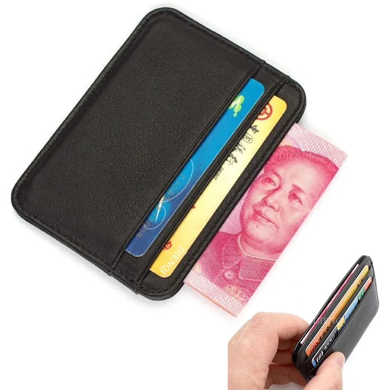 حامل بطاقات الزيارة من الجلد الطبيعي للرجال، حامل بطاقات الائتمان لبطاقة الهوية التجارية، حامل بطاقات محفظة سوداء رفيعة من الجلد الحقيقي للرجال #1