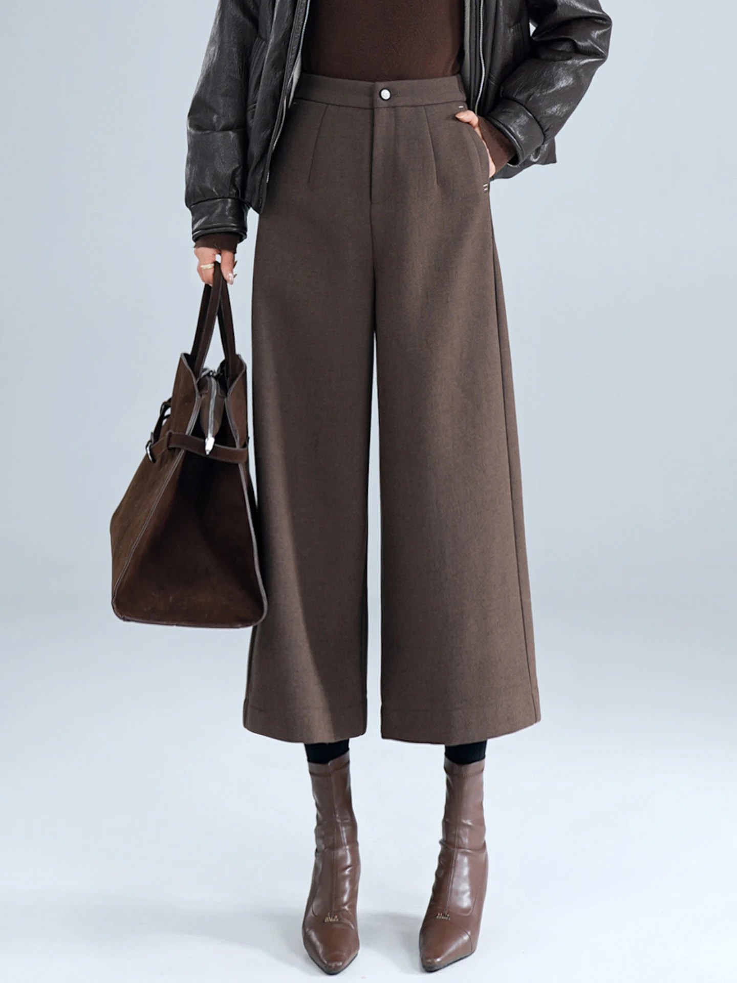 

Женские повседневные прямые брюки с высокой талией из утолщенной шерсти, осенне-зимние, новая модель, на флисовой подкладке, с широкими штанинами и расклешенным низом.