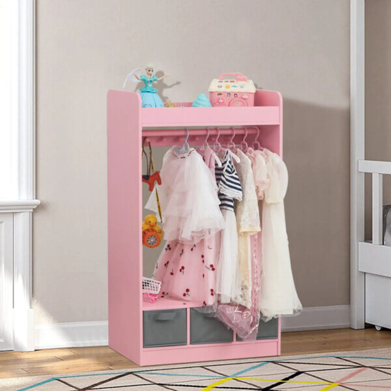 

US Kids Costume Organizer,Kids Armoire,Open Hanging Armoire Closet with Mirror-PINK