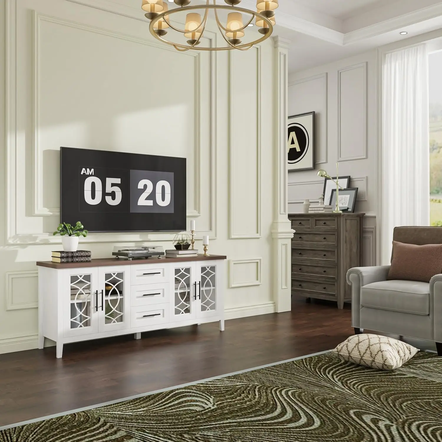 Suportes de TV para sala de estar, centro de entretenimento com porta de vidro, suportes de televisão, 2 portas de armazenamento e 3 gavetas para 65 polegadas