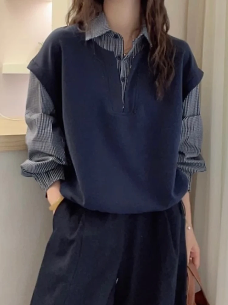 

Модный клетчатый лоскутный длинный женский топ Sve irt Sle 2026, новинка Hot S, осень-зима, маленький размер, искусственный топ из двух предметов